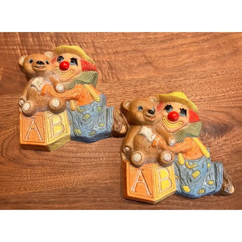 Vintage Plastic Clown And Teddy Bear Wall Hanging Frankie's Designs 85- Set of 2
